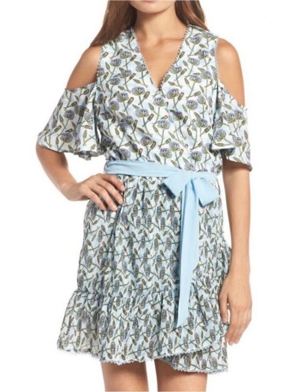 Foxiedox Anthropologie Lexie cold shoulder dress blue floral XS